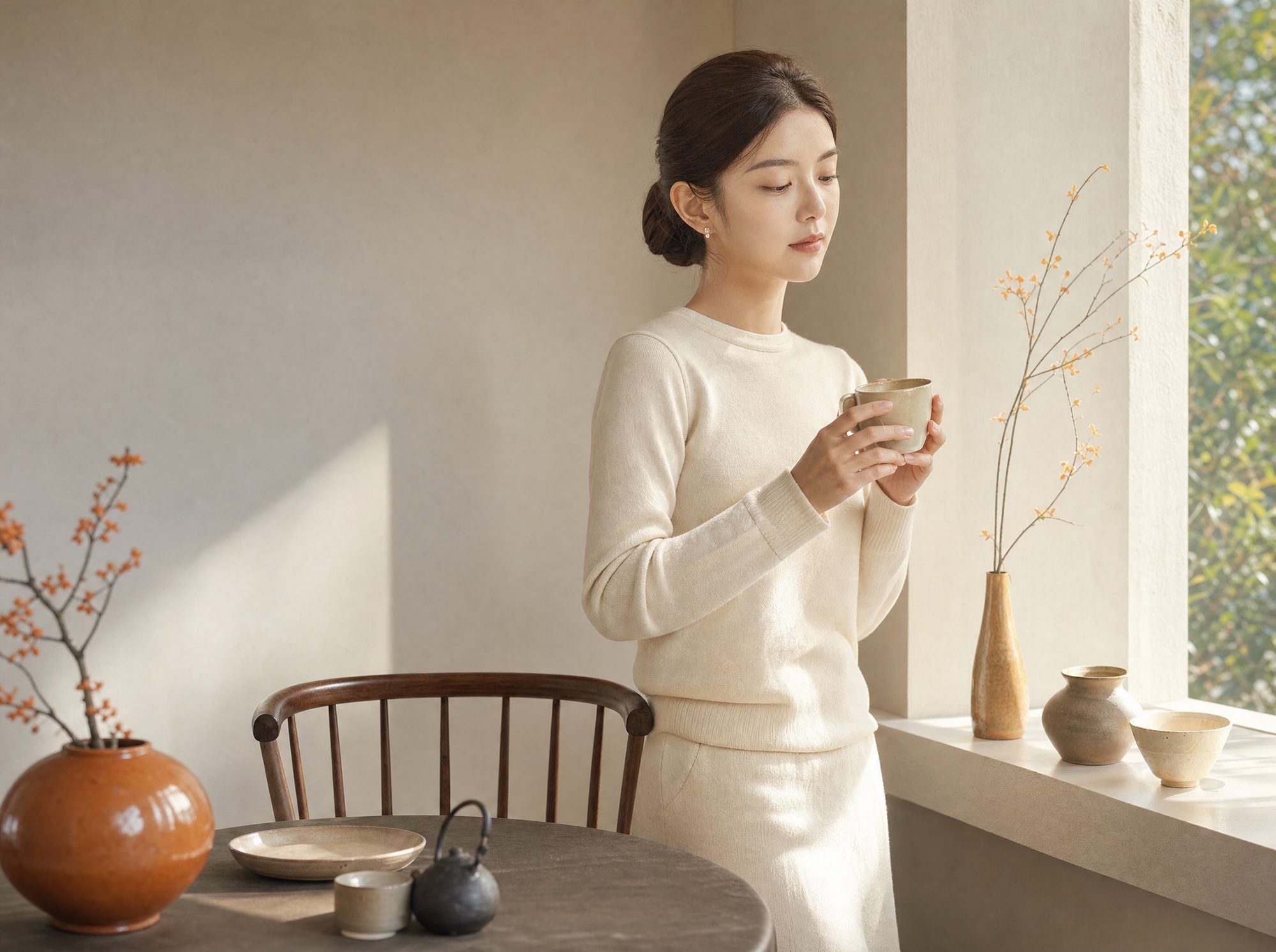 창가에서 차를 든 여성 — 보르메의 따뜻한 공간